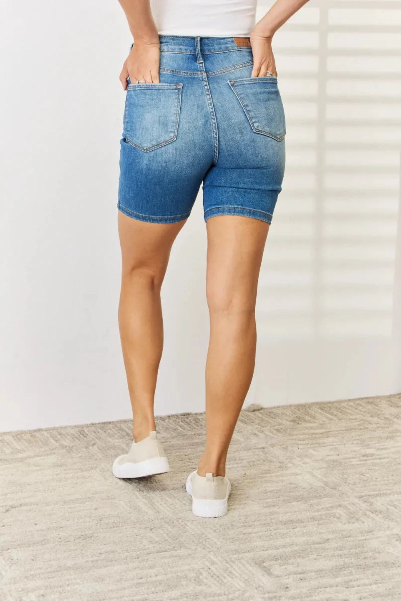 Judy Blue Full Size Tummy Control Double Button Bermuda Denim Shorts - AMVIM