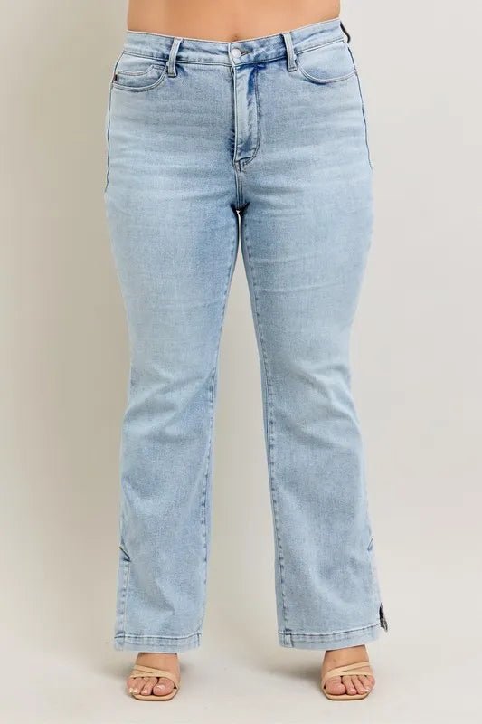 Judy Blue Full Size Tummy Control Vintage Wash Side Slit Slim Boot Jeans Plus Size - AMVIM