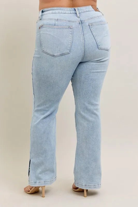 Judy Blue Full Size Tummy Control Vintage Wash Side Slit Slim Boot Jeans Plus Size - AMVIM