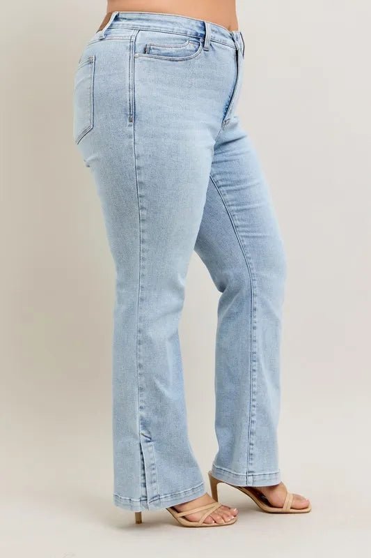 Judy Blue Full Size Tummy Control Vintage Wash Side Slit Slim Boot Jeans Plus Size - AMVIM