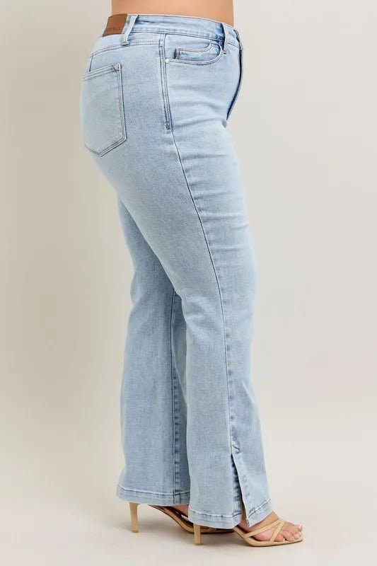 Judy Blue Full Size Tummy Control Vintage Wash Side Slit Slim Boot Jeans Plus Size - AMVIM