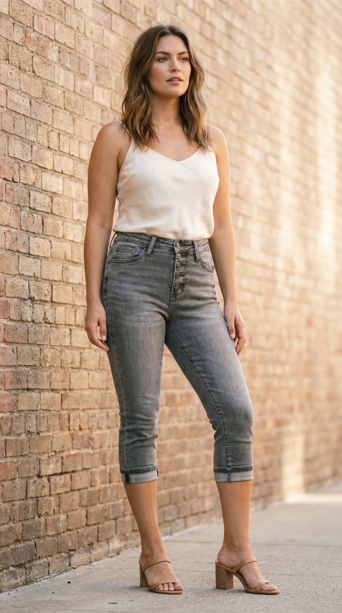 Judy Blue High Waist Capri Jeans - Button Fly Casual Comfort - AMVIM