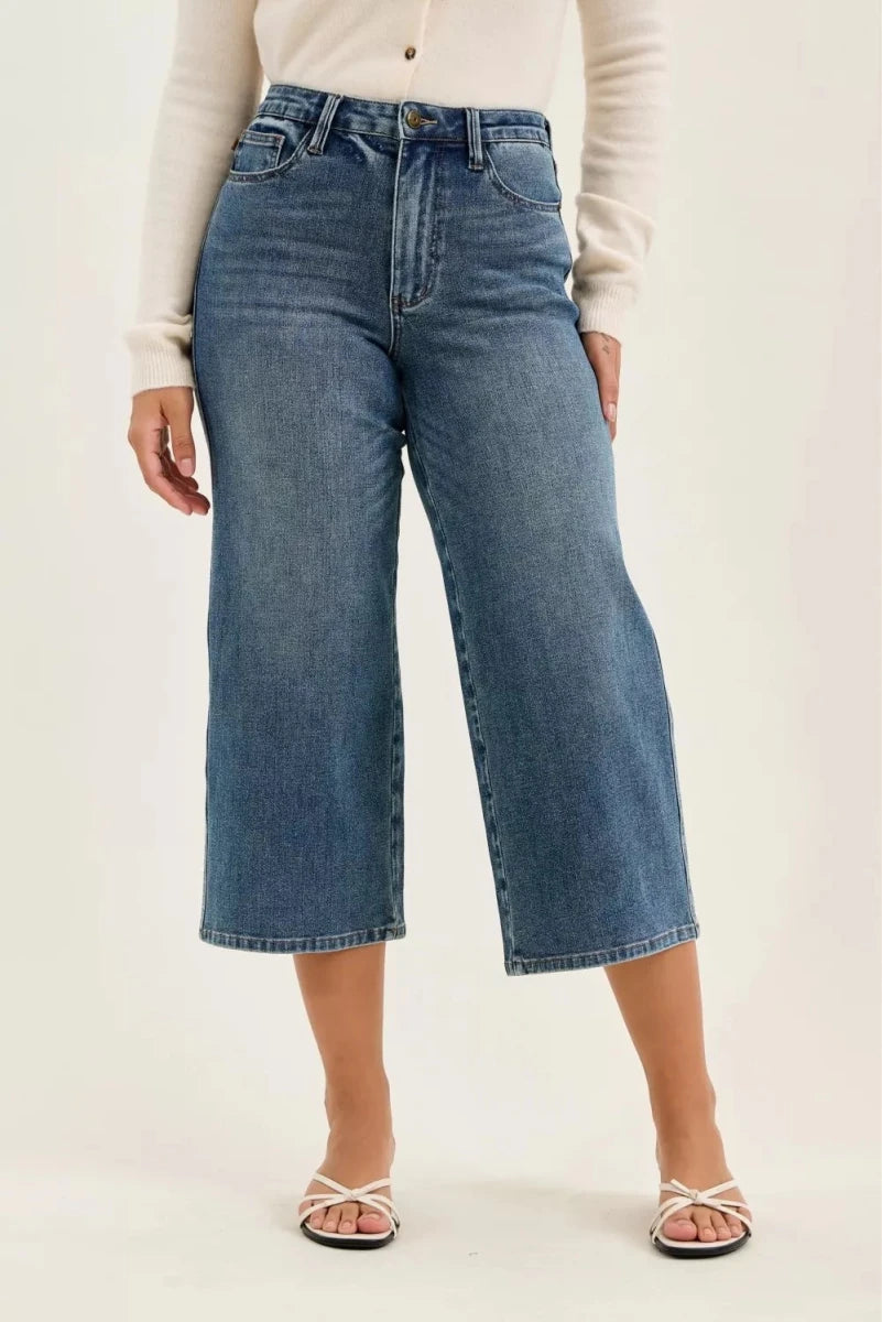 Judy Blue High Waist "Dottie" Wide Crop Md Quarry Fade Jeans - AMVIM