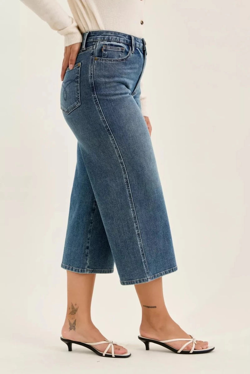 Judy Blue High Waist "Dottie" Wide Crop Md Quarry Fade Jeans - AMVIM