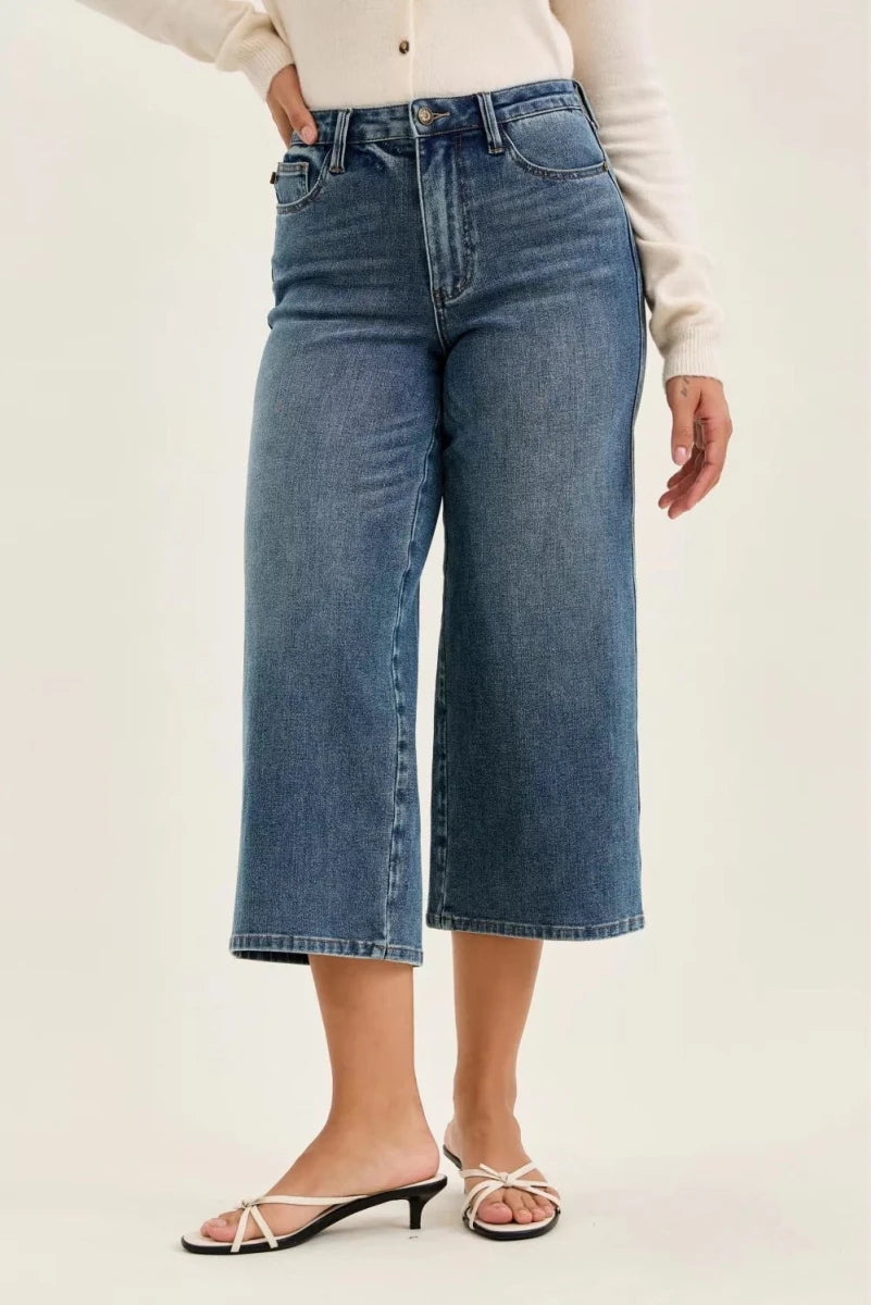 Judy Blue High Waist "Dottie" Wide Crop Md Quarry Fade Jeans - AMVIM