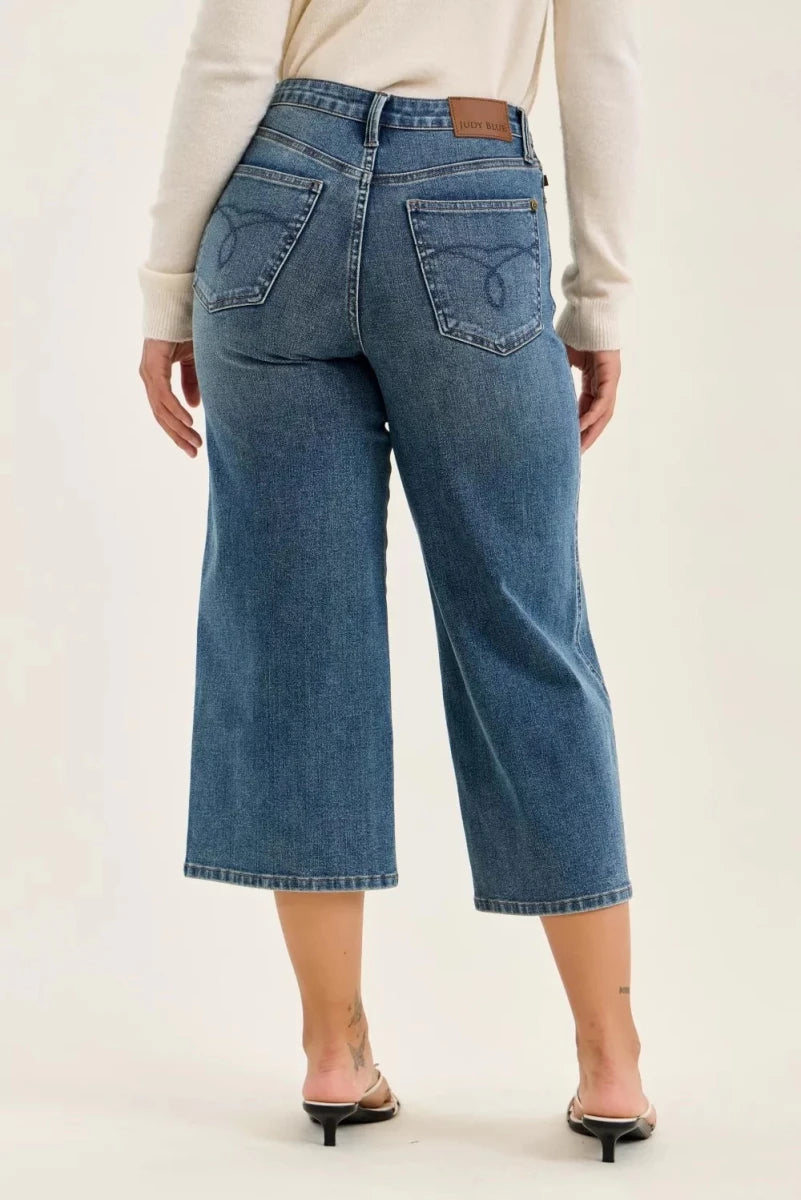 Judy Blue High Waist "Dottie" Wide Crop Md Quarry Fade Jeans - AMVIM