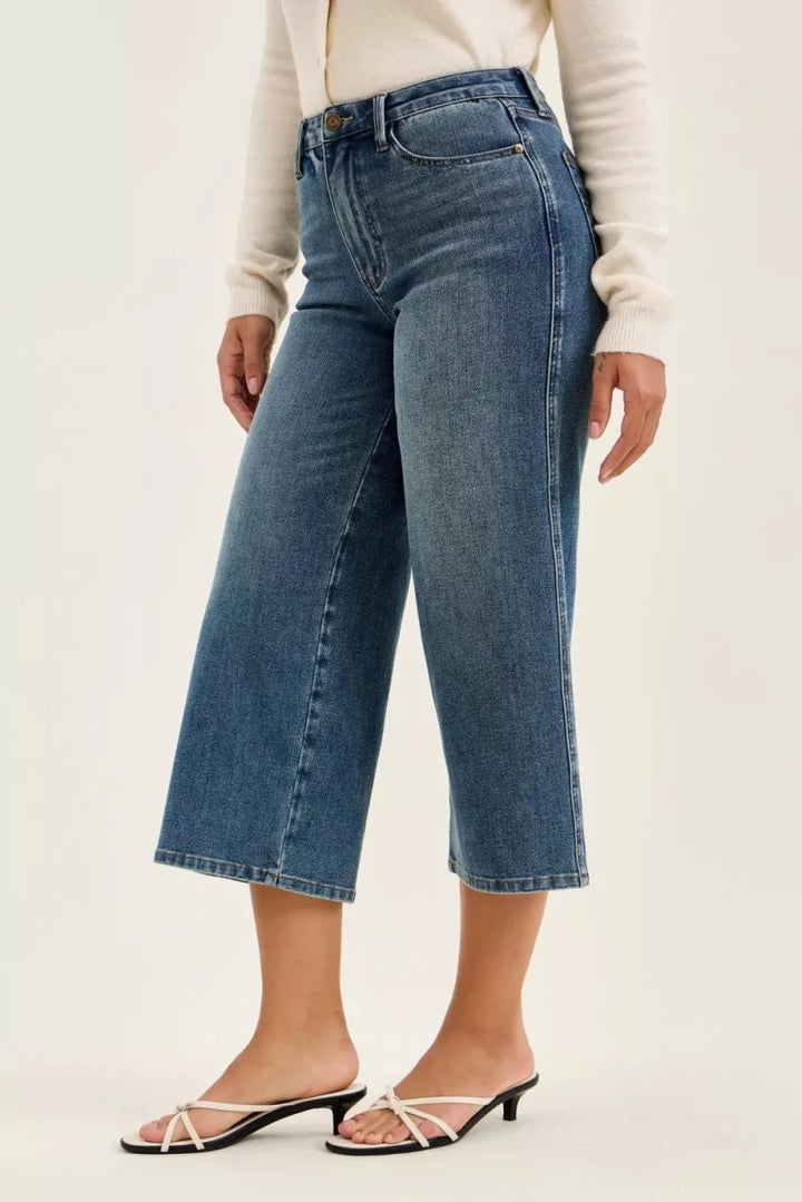 Judy Blue High Waist "Dottie" Wide Crop Md Quarry Fade Jeans - AMVIM