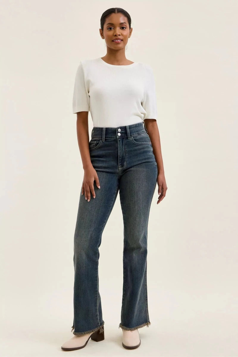 Judy Blue High Waist Double Button Distressed Hem Jeans - AMVIM
