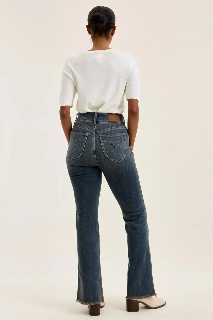 Judy Blue High Waist Double Button Distressed Hem Jeans - AMVIM