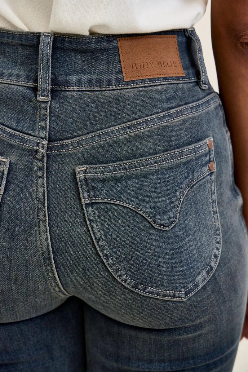 Judy Blue High Waist Double Button Distressed Hem Jeans - AMVIM