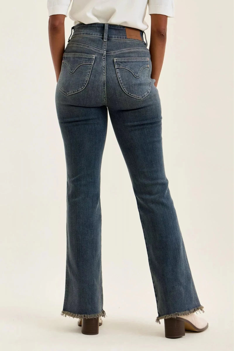 Judy Blue High Waist Double Button Distressed Hem Jeans - AMVIM