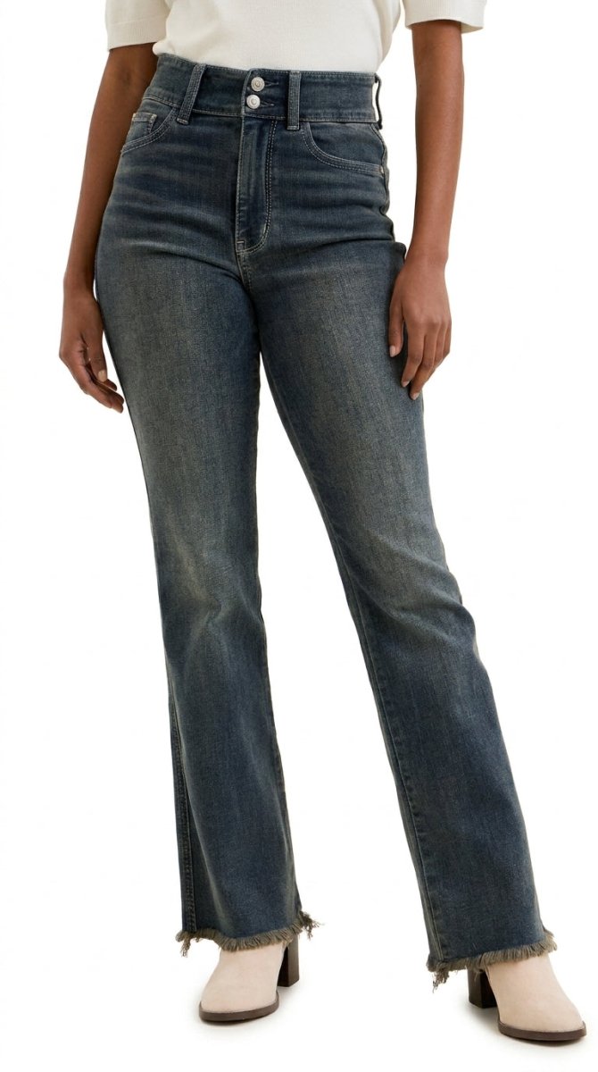 Judy Blue High Waist Double Button Distressed Hem Jeans - AMVIM