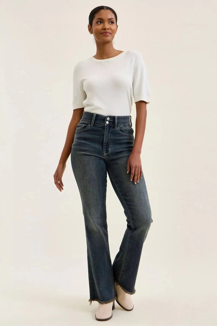Judy Blue High Waist Double Button Distressed Hem Jeans - AMVIM