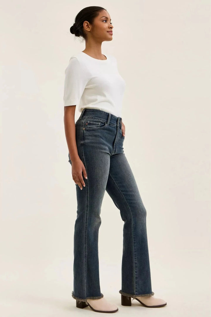 Judy Blue High Waist Double Button Distressed Hem Jeans - AMVIM
