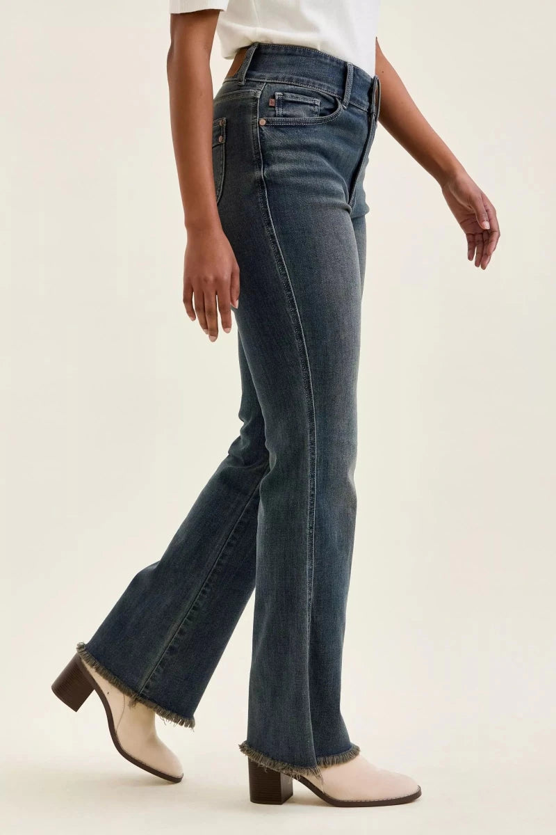 Judy Blue High Waist Double Button Distressed Hem Jeans - AMVIM