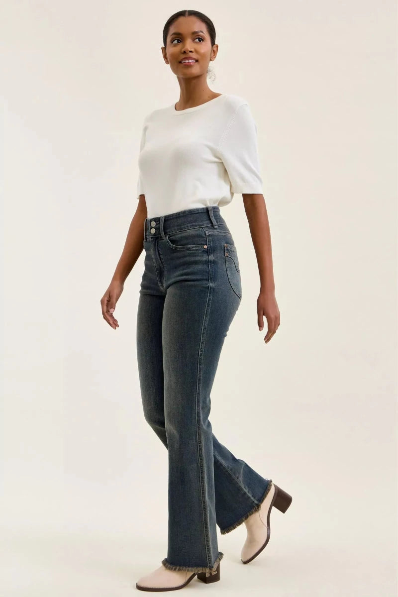 Judy Blue High Waist Double Button Distressed Hem Jeans - AMVIM