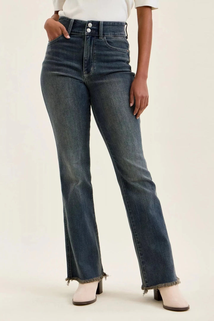Judy Blue High Waist Double Button Distressed Hem Jeans - AMVIM