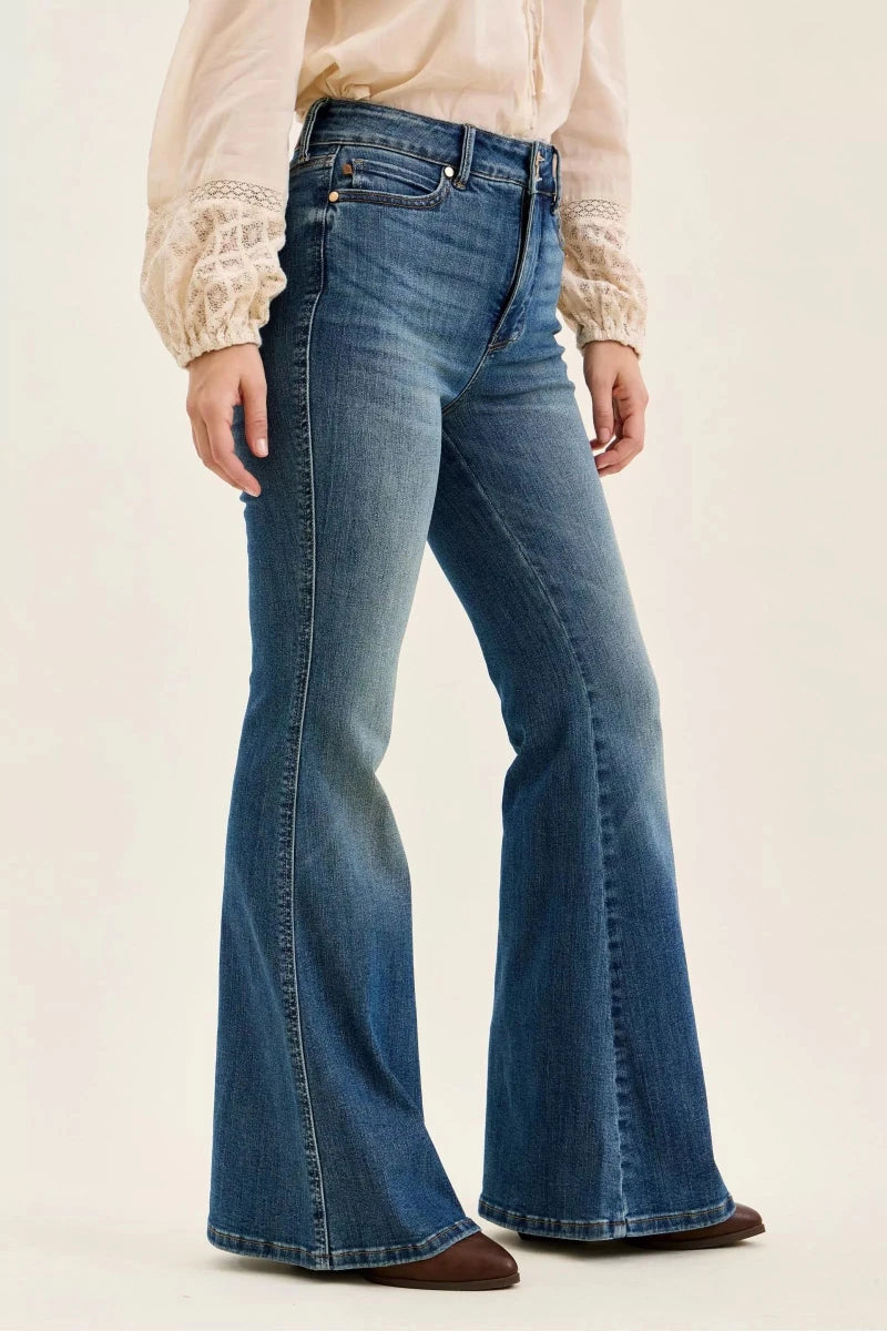 Judy Blue High Waist Double Button Tummy Control Flare Jeans - AMVIM