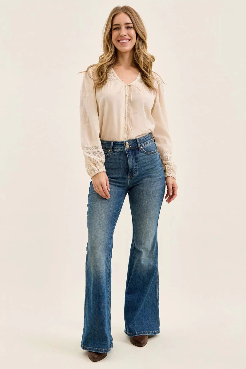 Judy Blue High Waist Double Button Tummy Control Flare Jeans - AMVIM