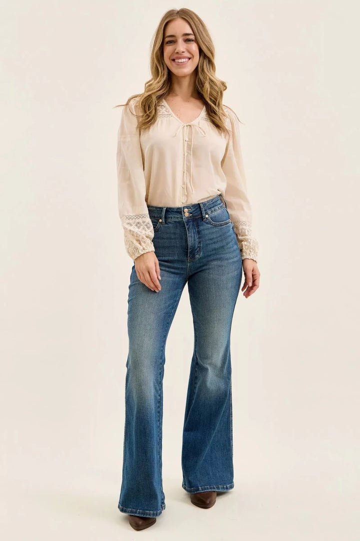 Judy Blue High Waist Double Button Tummy Control Flare Jeans - AMVIM