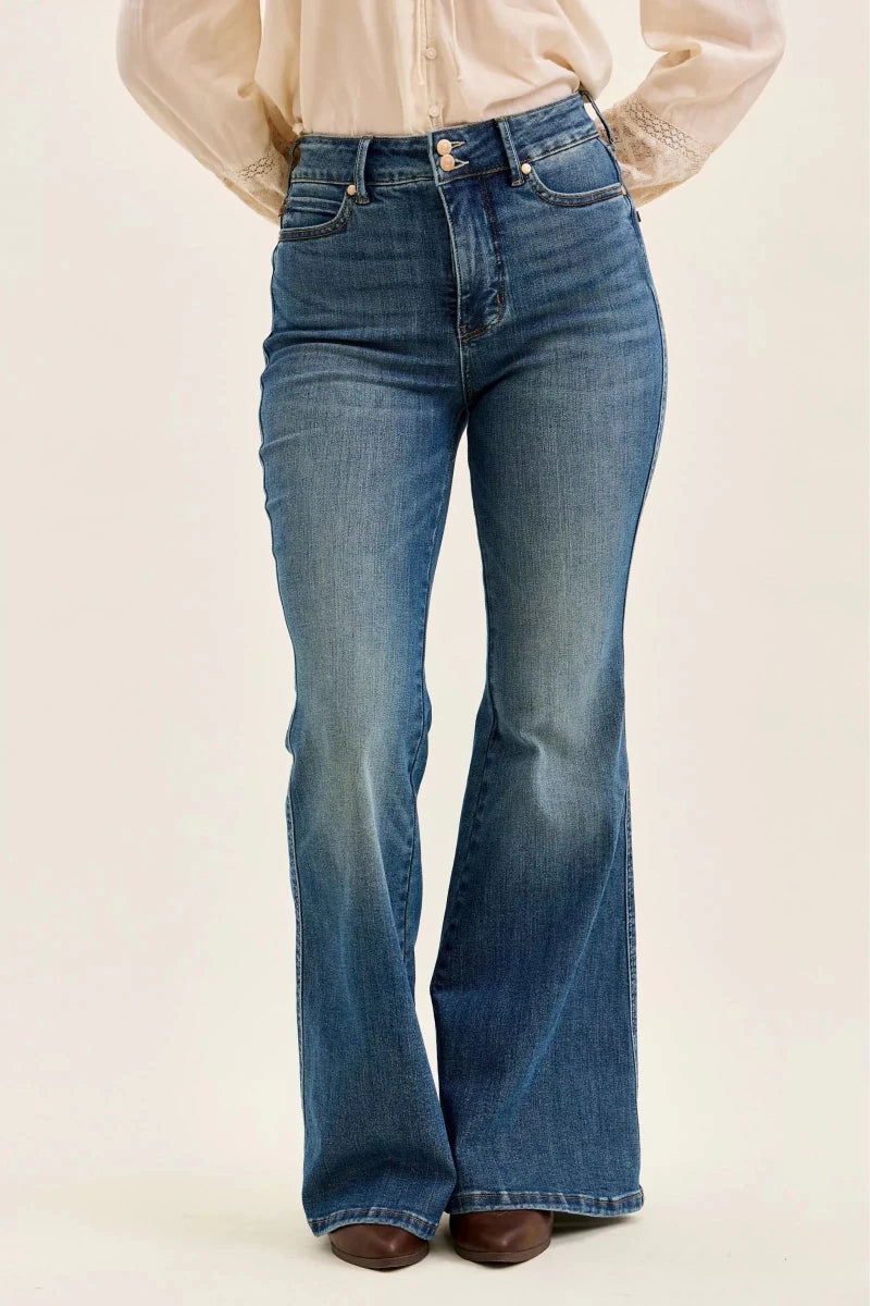 Judy Blue High Waist Double Button Tummy Control Flare Jeans - AMVIM