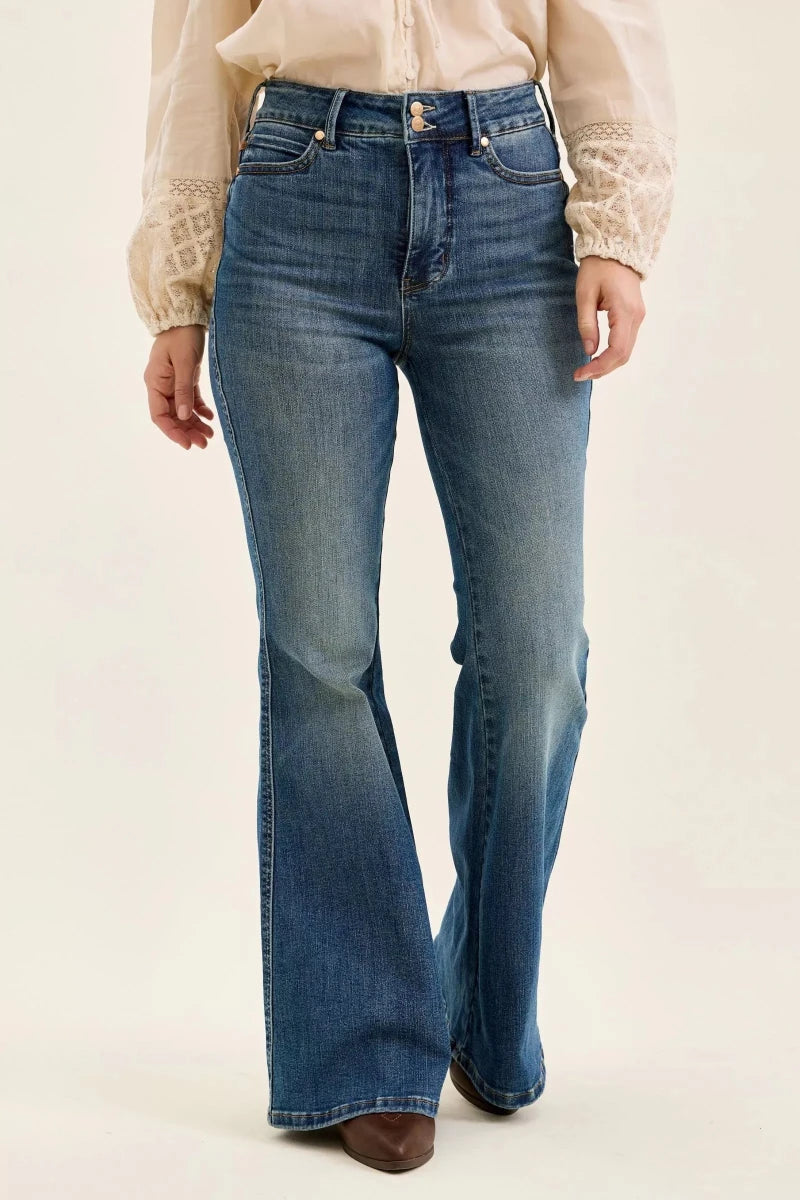 Judy Blue High Waist Double Button Tummy Control Flare Jeans - AMVIM