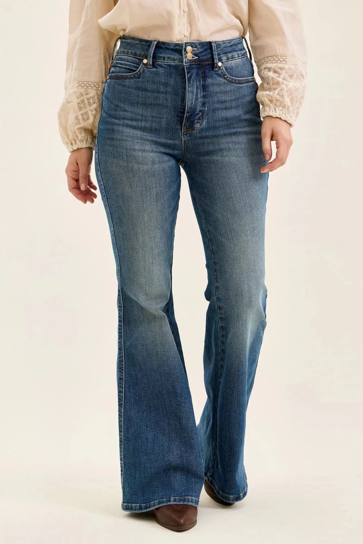 Judy Blue High Waist Double Button Tummy Control Flare Jeans - AMVIM