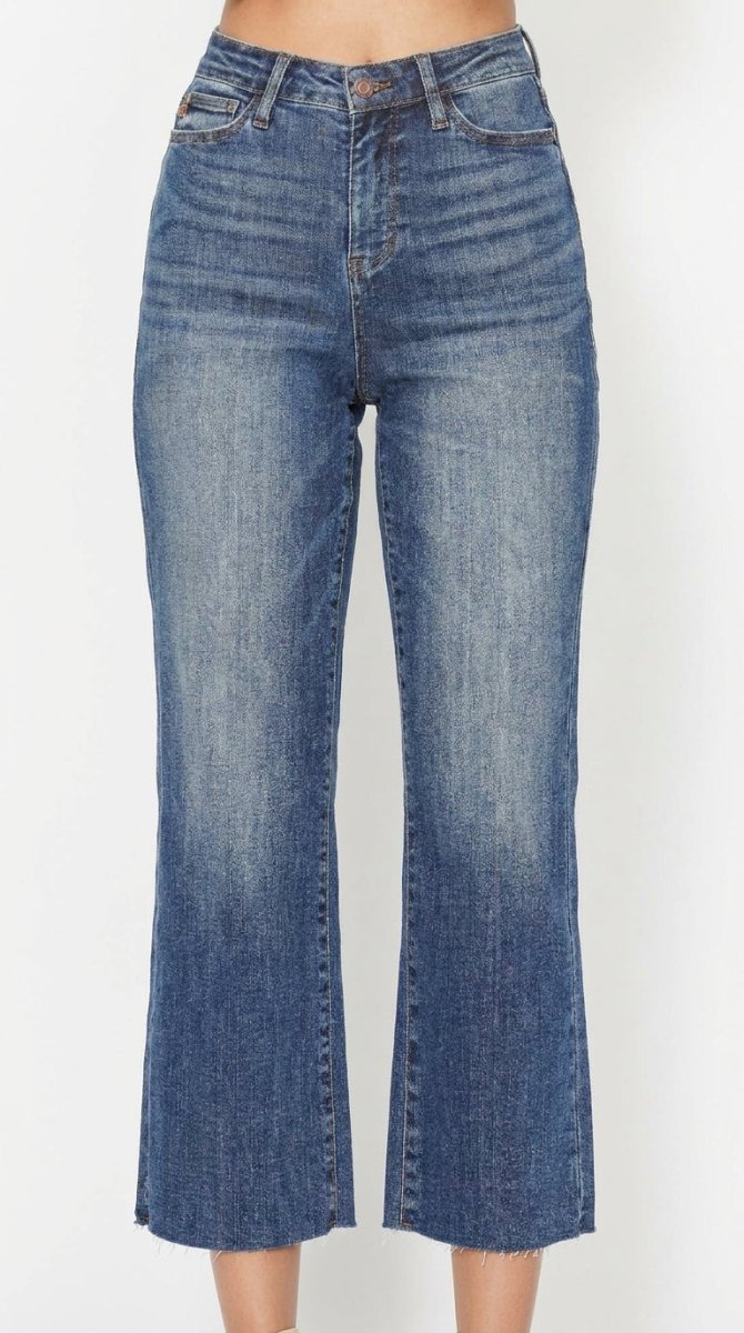 Judy Blue High Waist Embroidered Back Pocket Crop Wide Jeans - AMVIM