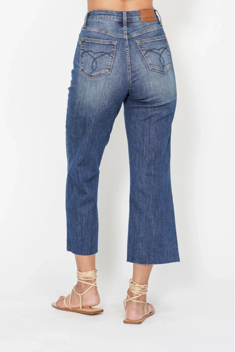 Judy Blue High Waist Embroidered Back Pocket Crop Wide Jeans - AMVIM