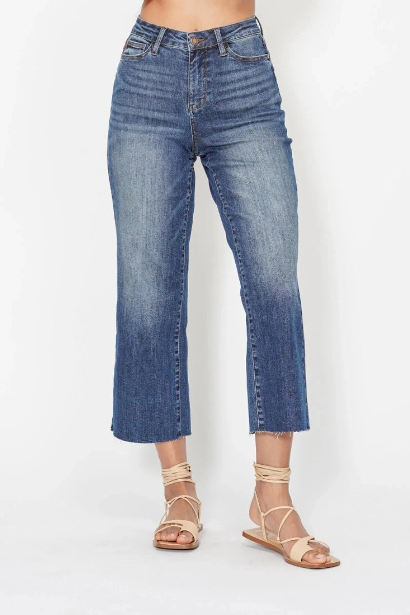 Judy Blue High Waist Embroidered Back Pocket Crop Wide Jeans - AMVIM