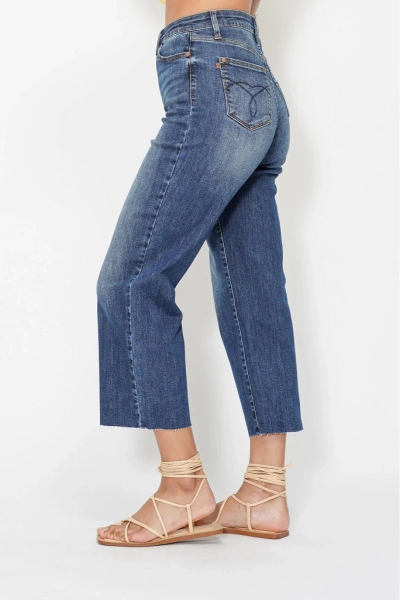 Judy Blue High Waist Embroidered Back Pocket Crop Wide Jeans - AMVIM
