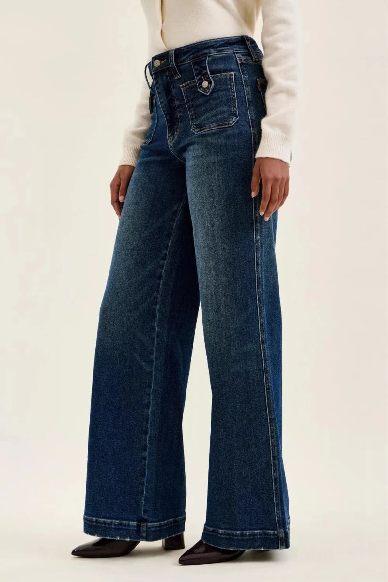Judy Blue High Waist "Lux" Retro Wide Jeans with Front Patch Tab Closure in Dark Fade Indigo - AMVIM