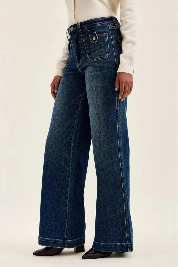 Judy Blue High Waist "Lux" Retro Wide Jeans with Front Patch Tab Closure in Dark Fade Indigo - AMVIM