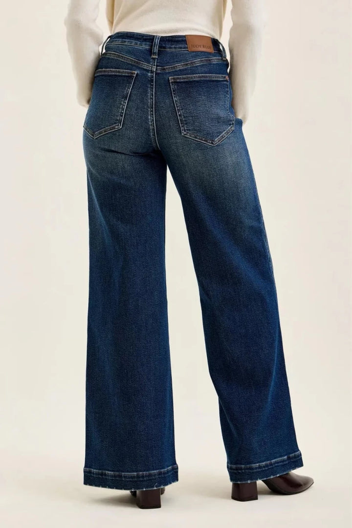 Judy Blue High Waist "Lux" Retro Wide Jeans with Front Patch Tab Closure in Dark Fade Indigo - AMVIM