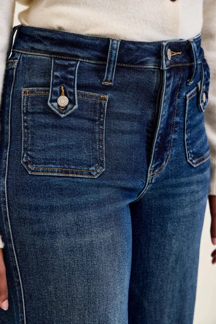 Judy Blue High Waist "Lux" Retro Wide Jeans with Front Patch Tab Closure in Dark Fade Indigo - AMVIM