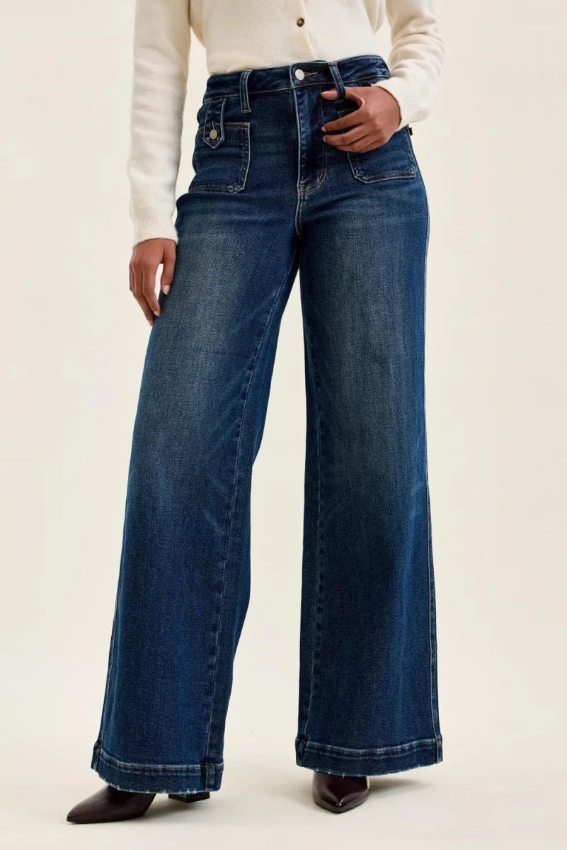Judy Blue High Waist "Lux" Retro Wide Jeans with Front Patch Tab Closure in Dark Fade Indigo - AMVIM