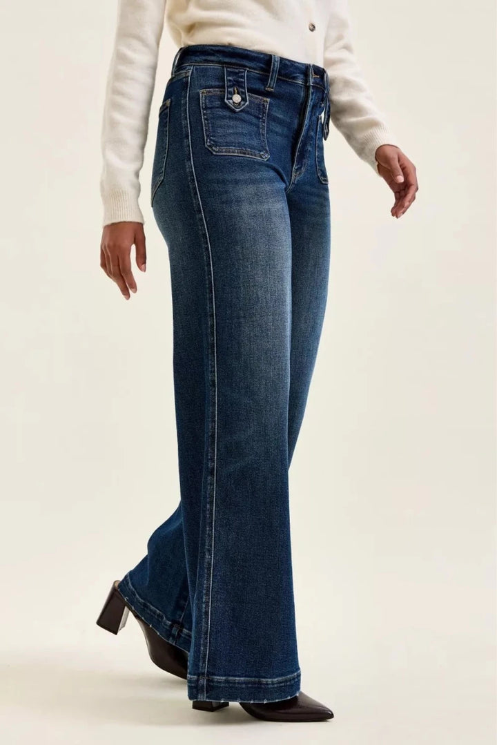 Judy Blue High Waist "Lux" Retro Wide Jeans with Front Patch Tab Closure in Dark Fade Indigo - AMVIM