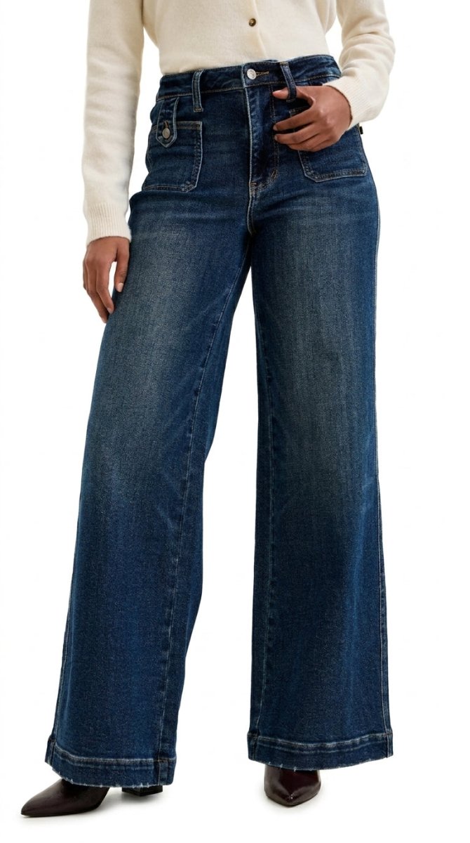 Judy Blue High Waist "Lux" Retro Wide Jeans with Front Patch Tab Closure in Dark Fade Indigo - AMVIM