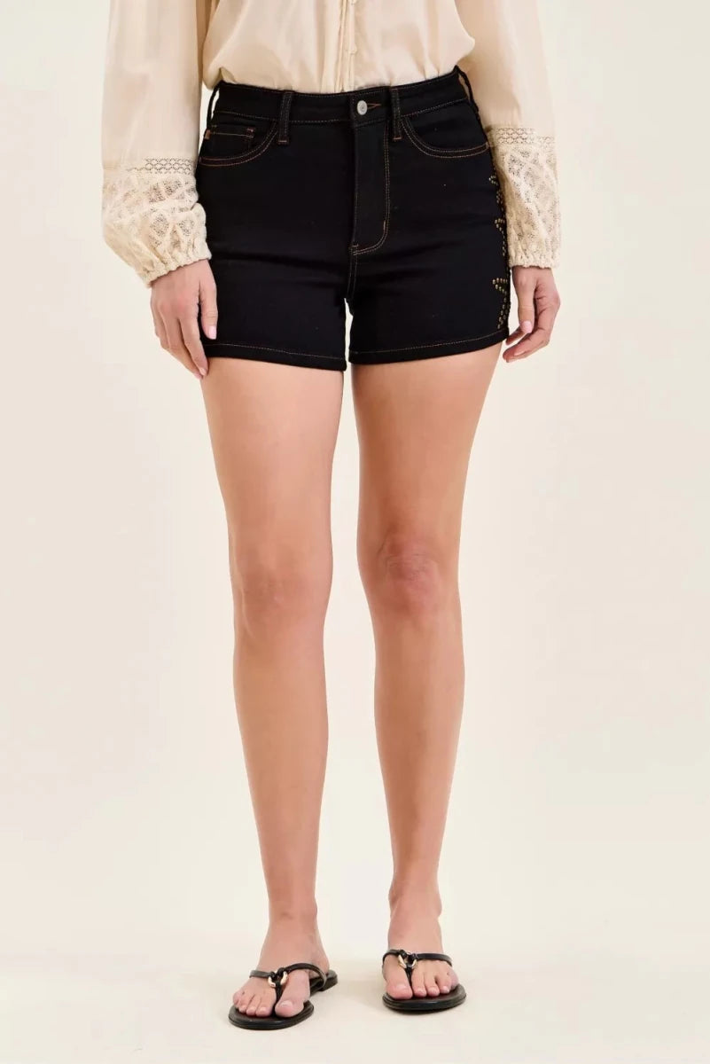 Judy Blue High Waist Slim Denim Shorts with Star Accents - AMVIM