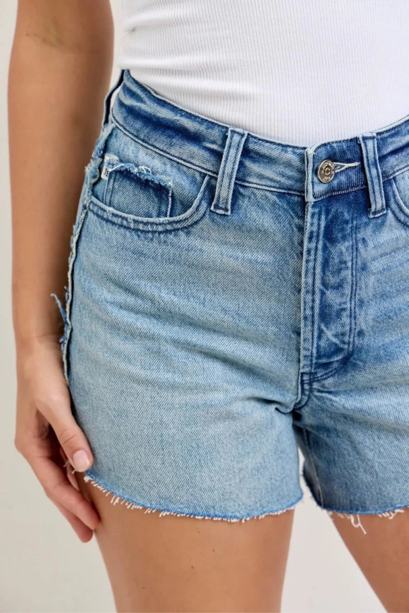 Judy Blue High - Waisted Rigid Magic Cut - Off Denim Shorts with Raw Side Seams - AMVIM