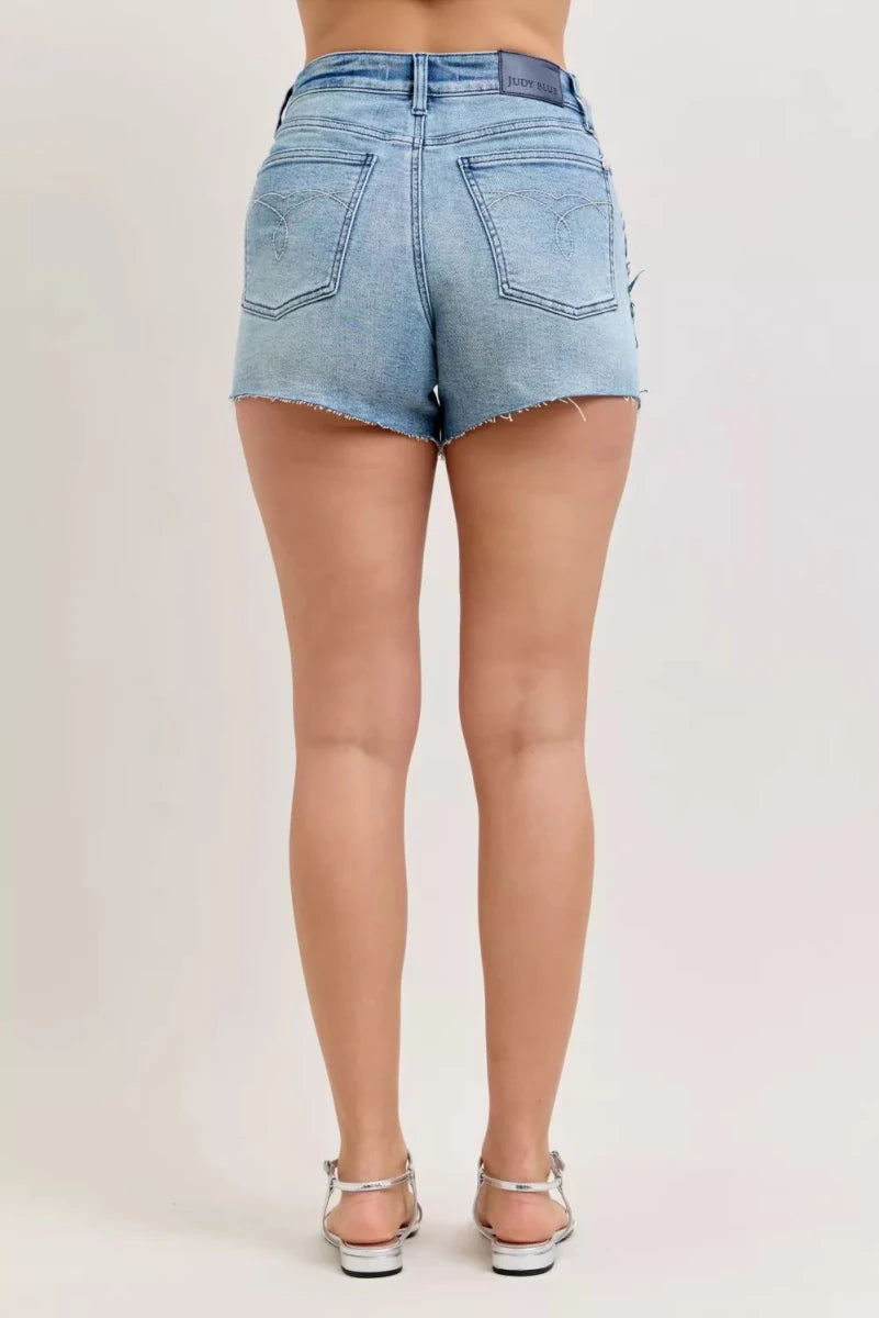 Judy Blue High - Waisted Rigid Magic Cut - Off Denim Shorts with Raw Side Seams - AMVIM