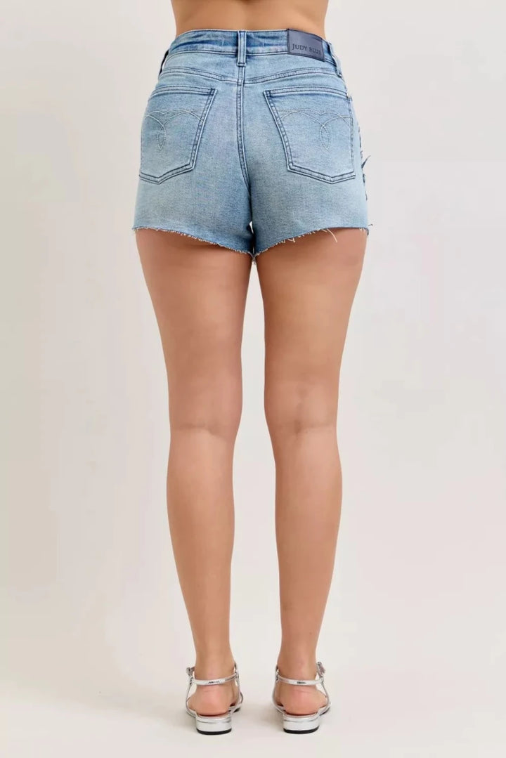 Judy Blue High - Waisted Rigid Magic Cut - Off Denim Shorts with Raw Side Seams - AMVIM