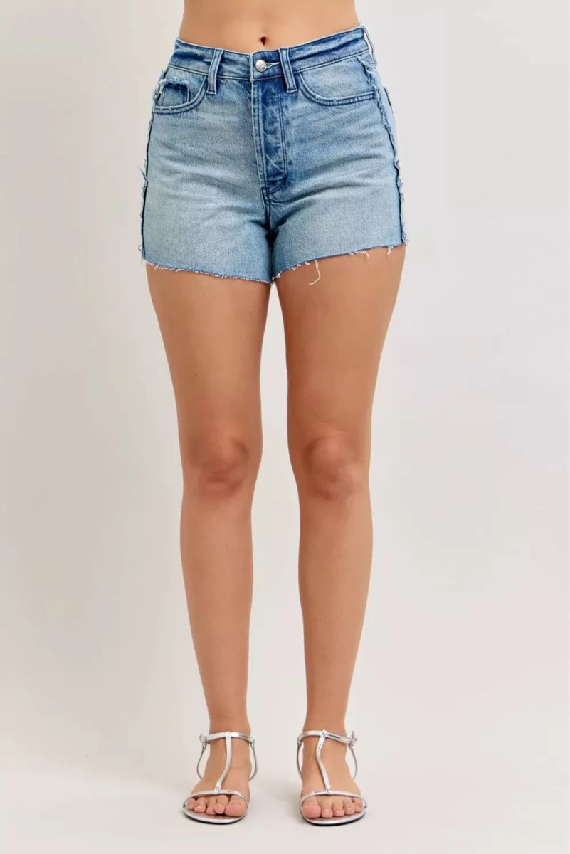 Judy Blue High - Waisted Rigid Magic Cut - Off Denim Shorts with Raw Side Seams - AMVIM