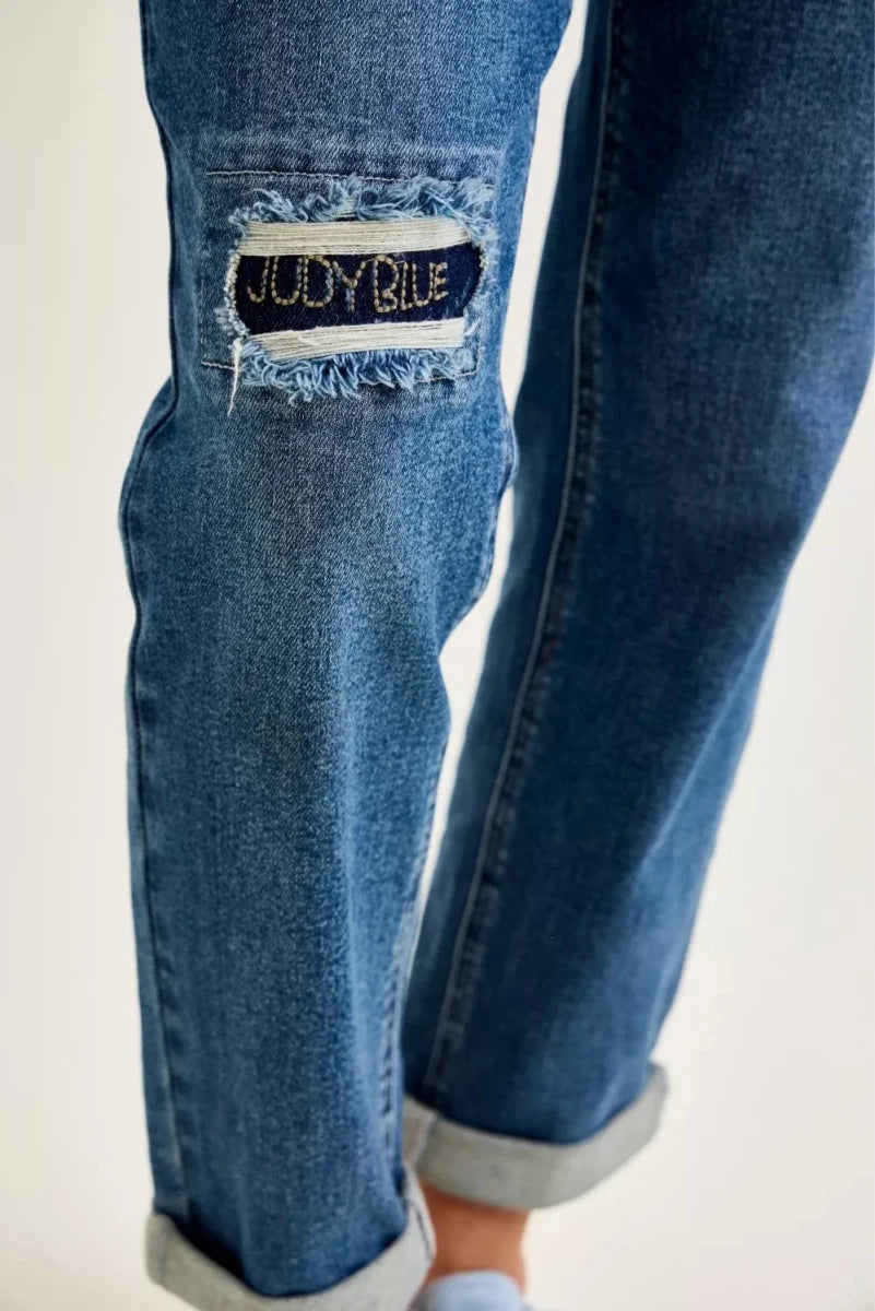 Judy Blue Mid Rise Boyfriend Jeans with Embroidered Repair Patches - AMVIM