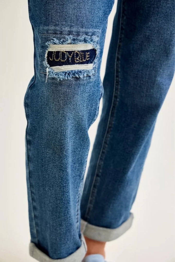 Judy Blue Mid Rise Boyfriend Jeans with Embroidered Repair Patches - AMVIM