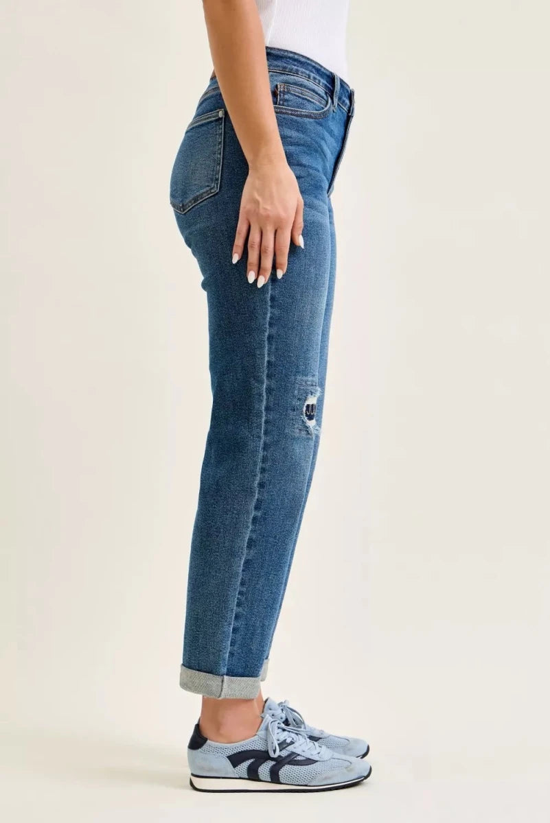 Judy Blue Mid Rise Boyfriend Jeans with Embroidered Repair Patches - AMVIM