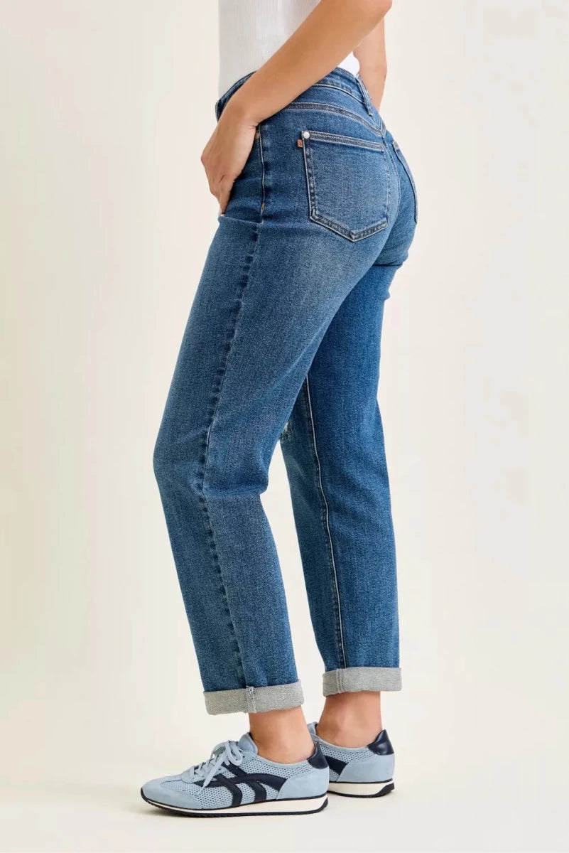 Judy Blue Mid Rise Boyfriend Jeans with Embroidered Repair Patches - AMVIM