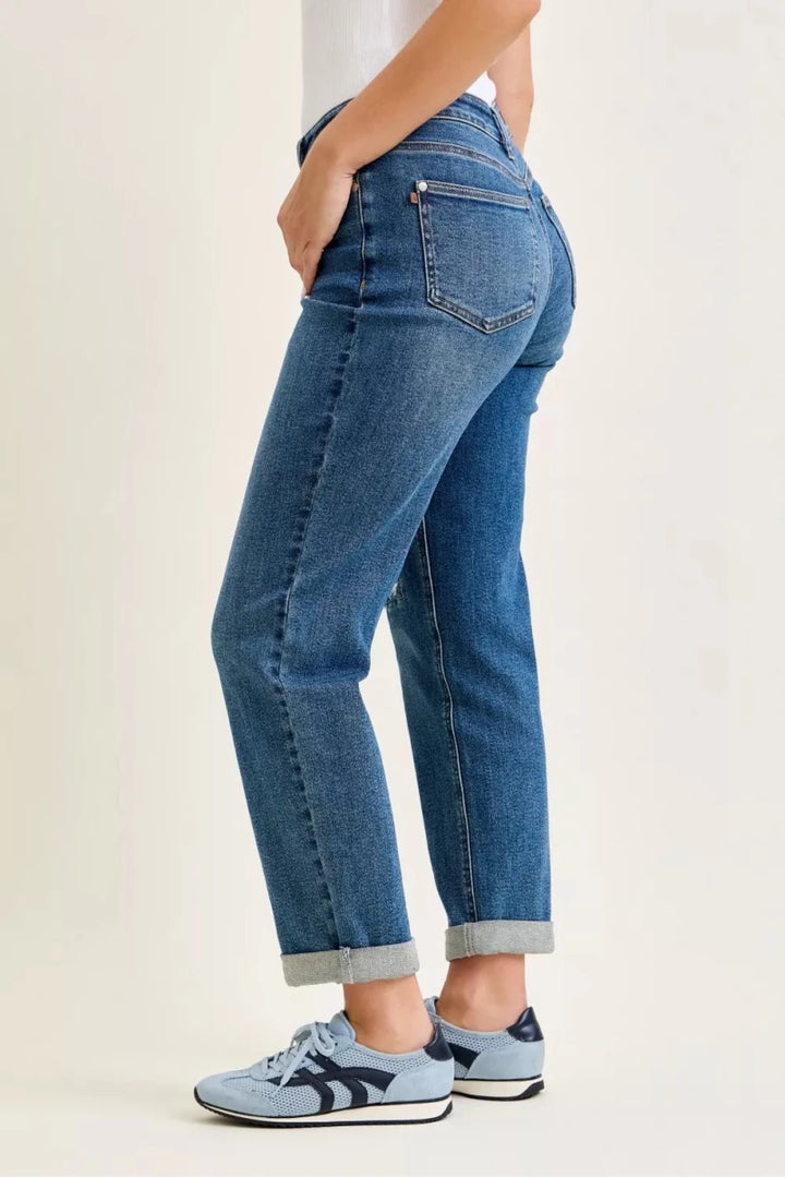 Judy Blue Mid Rise Boyfriend Jeans with Embroidered Repair Patches - AMVIM