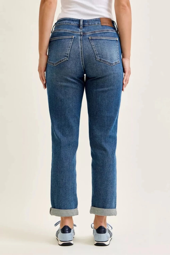 Judy Blue Mid Rise Boyfriend Jeans with Embroidered Repair Patches - AMVIM