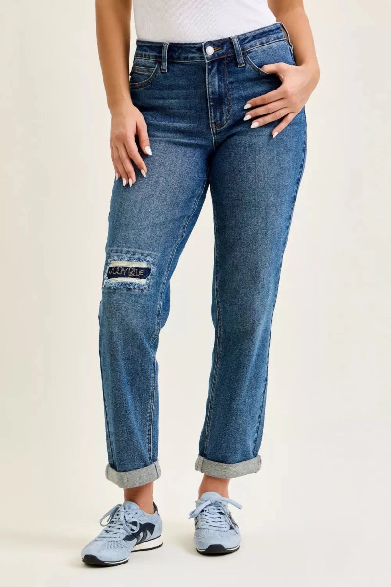 Judy Blue Mid Rise Boyfriend Jeans with Embroidered Repair Patches - AMVIM